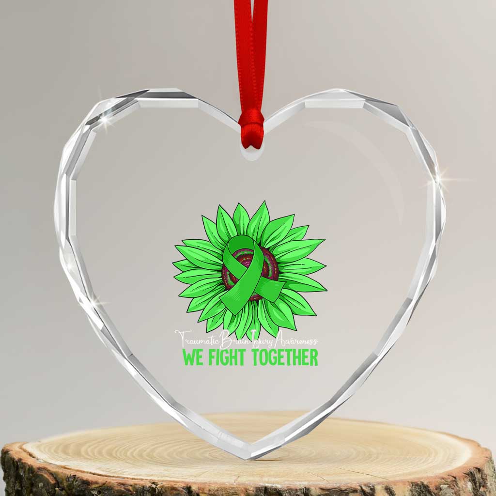 Traumatic Brain Injury Awareness Heart Crystal Glass Ornament TBI We Fight Together Green Sunflower - Wonder Print Shop