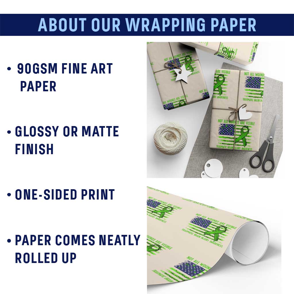 Traumatic Brain Injury Awareness Wrapping Paper Roll Not All Wounds Are Visible TBI Warrior American Flag - Wonder Print Shop