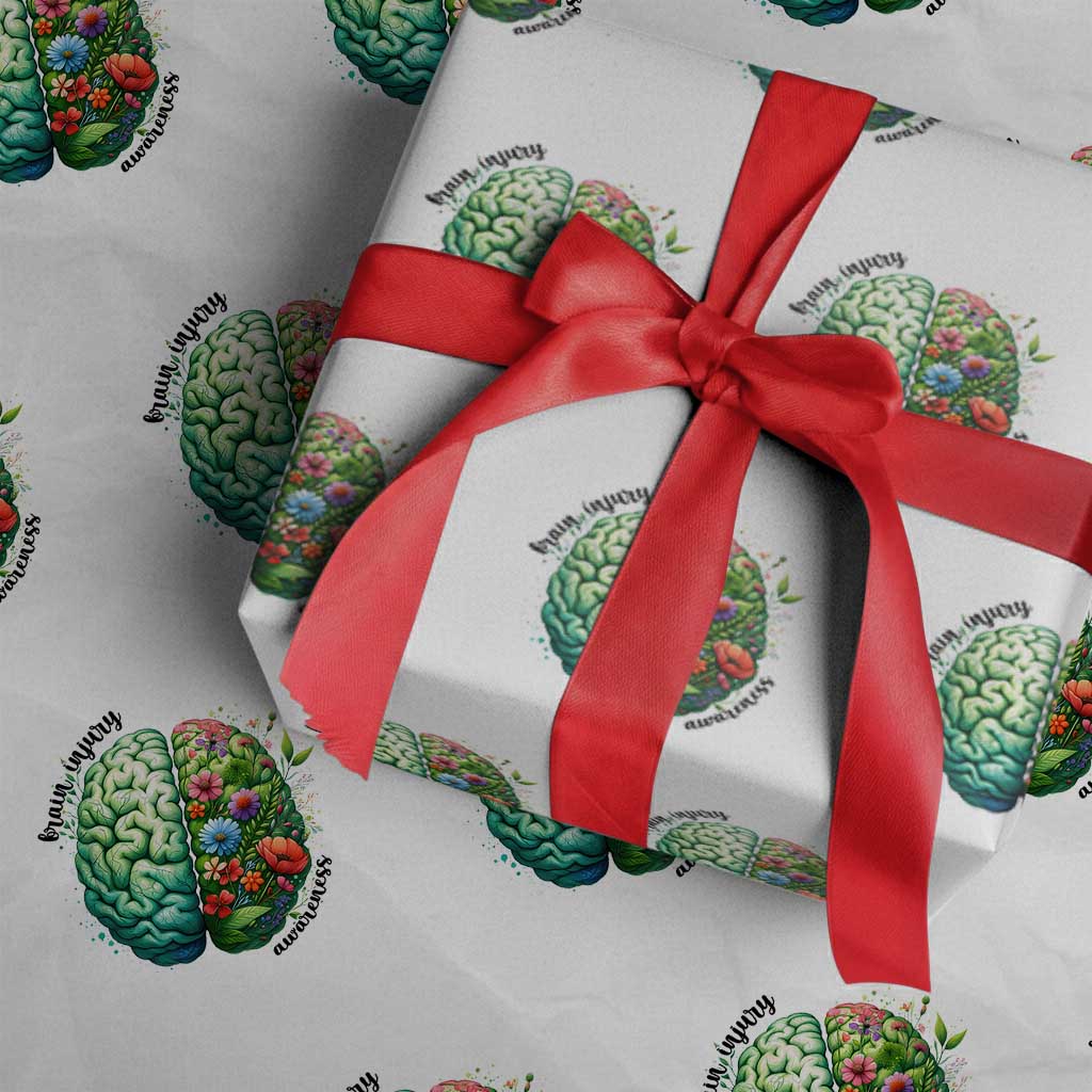 Traumatic Brain Injury Awareness Wrapping Paper Roll TBI Warrior Green Floral Brain - Wonder Print Shop
