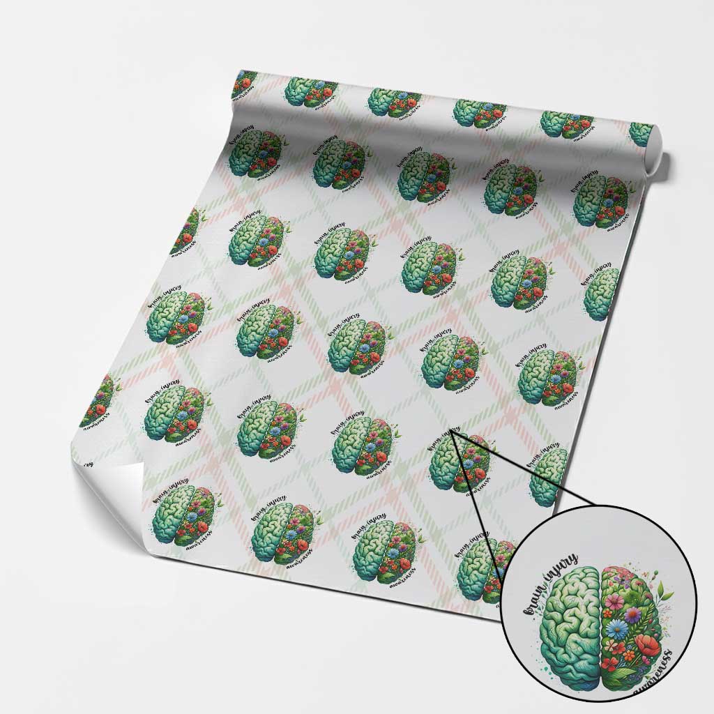 Traumatic Brain Injury Awareness Wrapping Paper Roll TBI Warrior Green Floral Brain - Wonder Print Shop