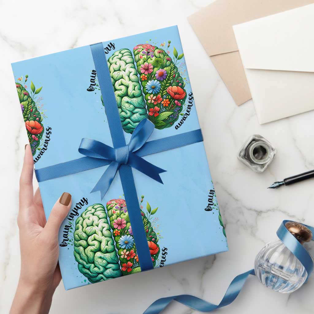 Traumatic Brain Injury Awareness Wrapping Paper Roll TBI Warrior Green Floral Brain - Wonder Print Shop