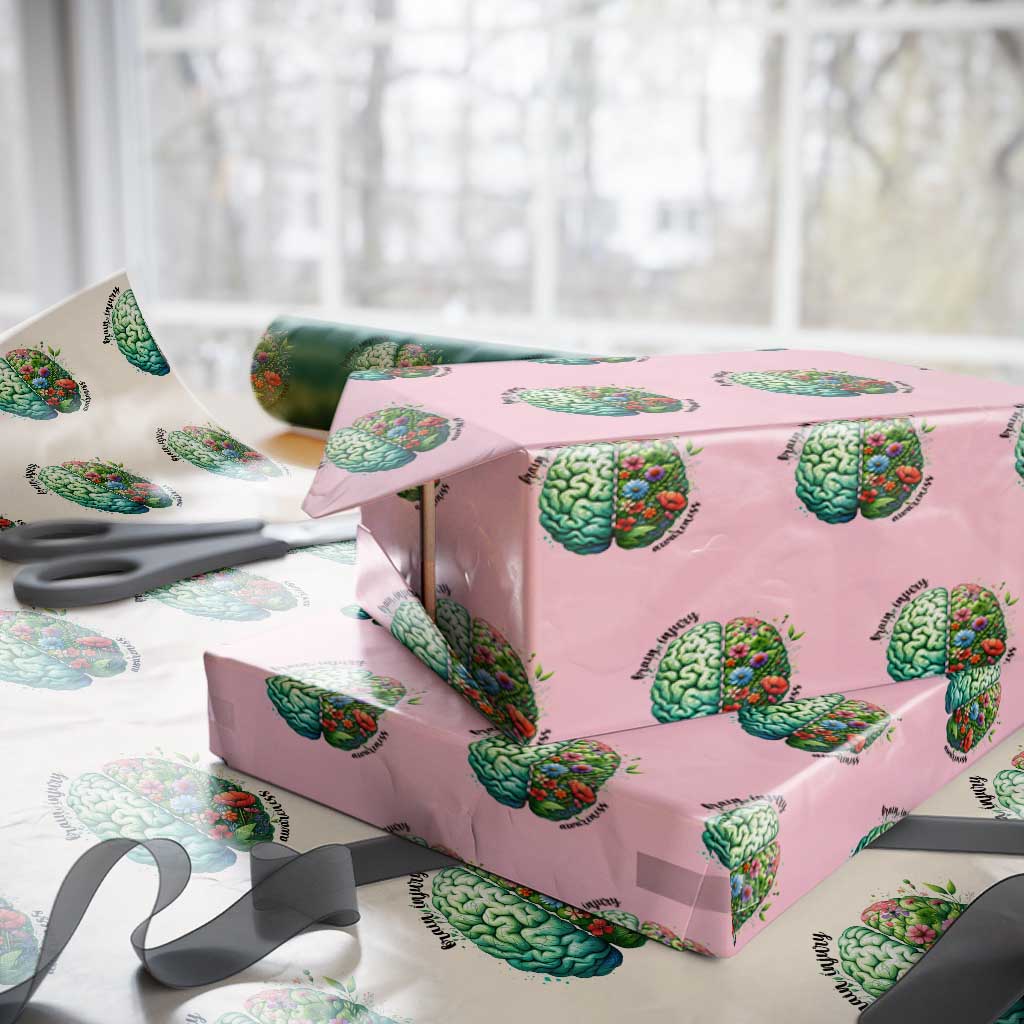Traumatic Brain Injury Awareness Wrapping Paper Roll TBI Warrior Green Floral Brain - Wonder Print Shop