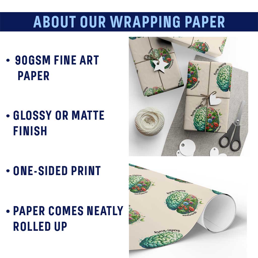 Traumatic Brain Injury Awareness Wrapping Paper Roll TBI Warrior Green Floral Brain - Wonder Print Shop