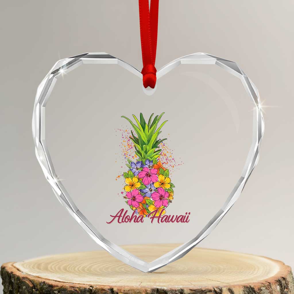 Tropical Floral Pineapple Aloha Hawaii Heart Crystal Glass Ornament Hawaiian Island Vacation Graphic