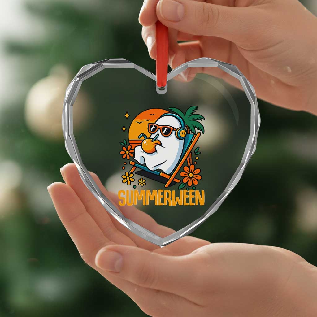 Tropical Summerween Boo Sheet Heart Crystal Glass Ornament Funny Ghost Halloween Summer Beach Vibes - Wonder Print Shop