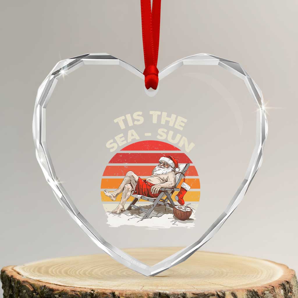 Tropical Xmas Heart Crystal Glass Ornament Tis The Sea Sun Santa At The Beach - Wonder Print Shop