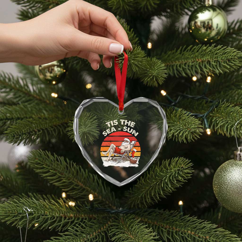Tropical Xmas Heart Crystal Glass Ornament Tis The Sea Sun Santa At The Beach - Wonder Print Shop
