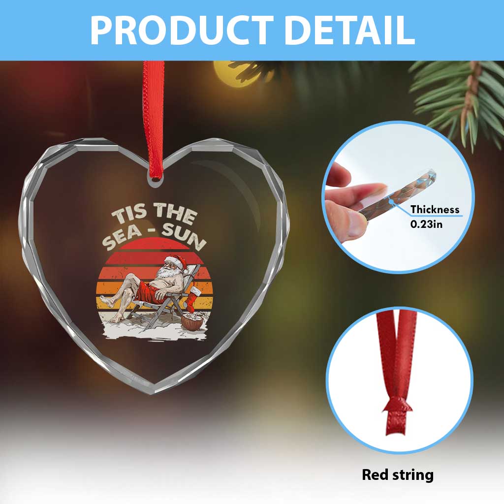 Tropical Xmas Heart Crystal Glass Ornament Tis The Sea Sun Santa At The Beach - Wonder Print Shop