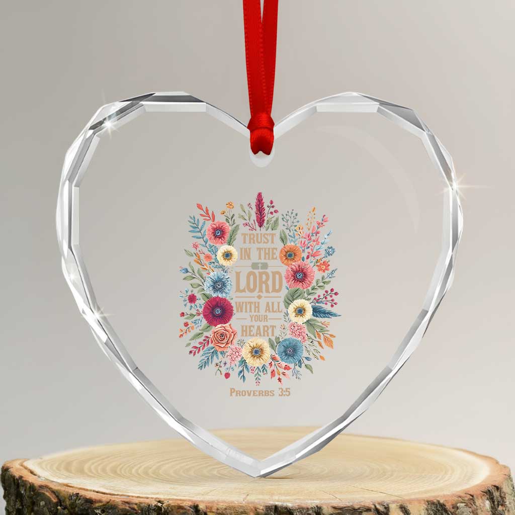 Trust in the Lord Proverbs 3:5 Floral Christian Heart Crystal Glass Ornament Inspirational Bible Verse