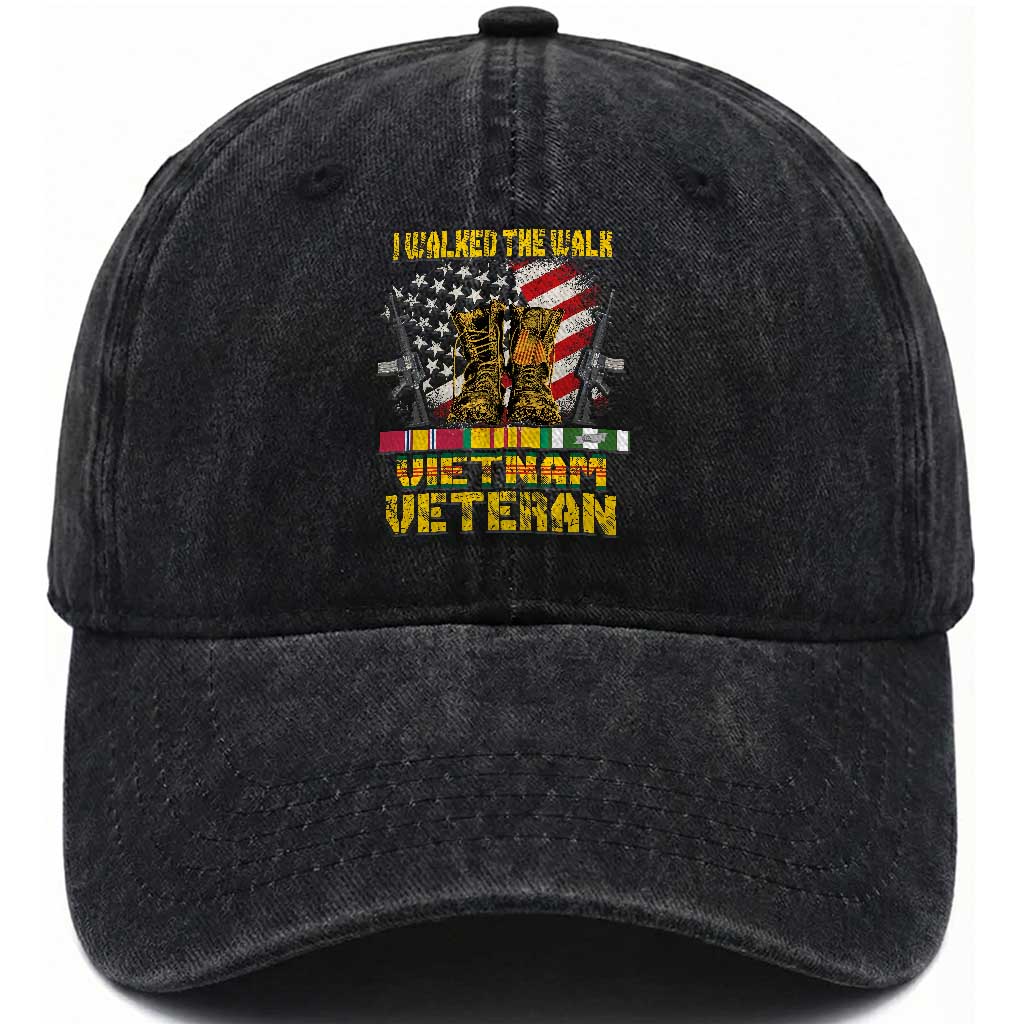 Vietnam Veteran Washed Cotton Baseball Cap US Flag & Combat Boots Patriotic Design