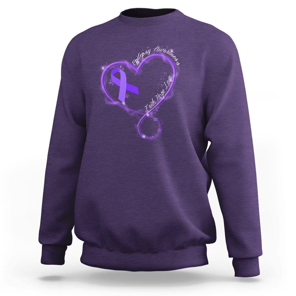 Epilepsy Awareness Month Sweatshirt Faith Hope Love with Purple Ribbon - Wonder Print Shop
