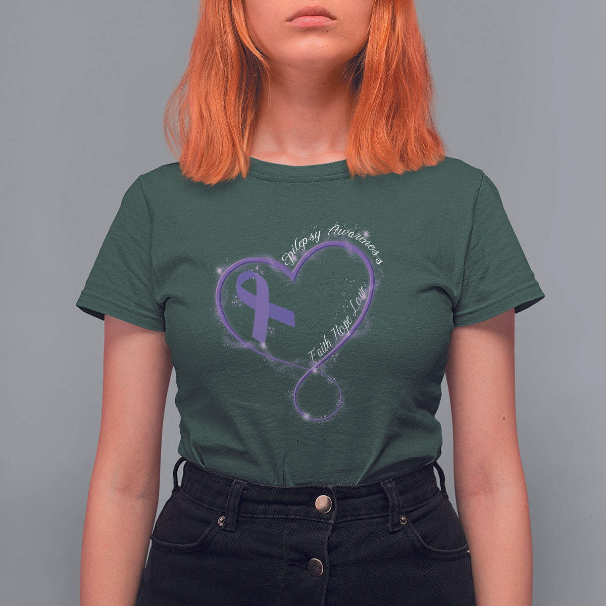 Women's epilepsy awareness T-shirt, dark green, purple heart ribbon graphic