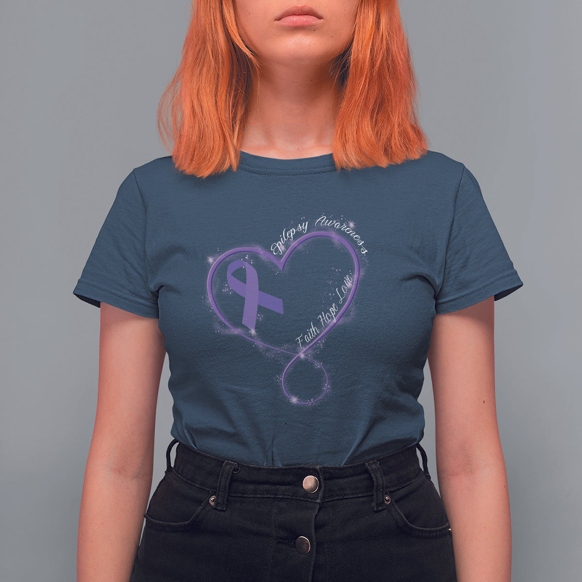 Women's epilepsy awareness T-shirt, dark navy, purple heart ribbon graphic