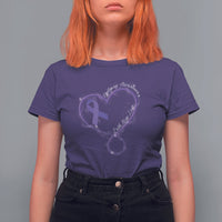 Women's epilepsy awareness T-shirt, purple, centered heart ribbon graphic