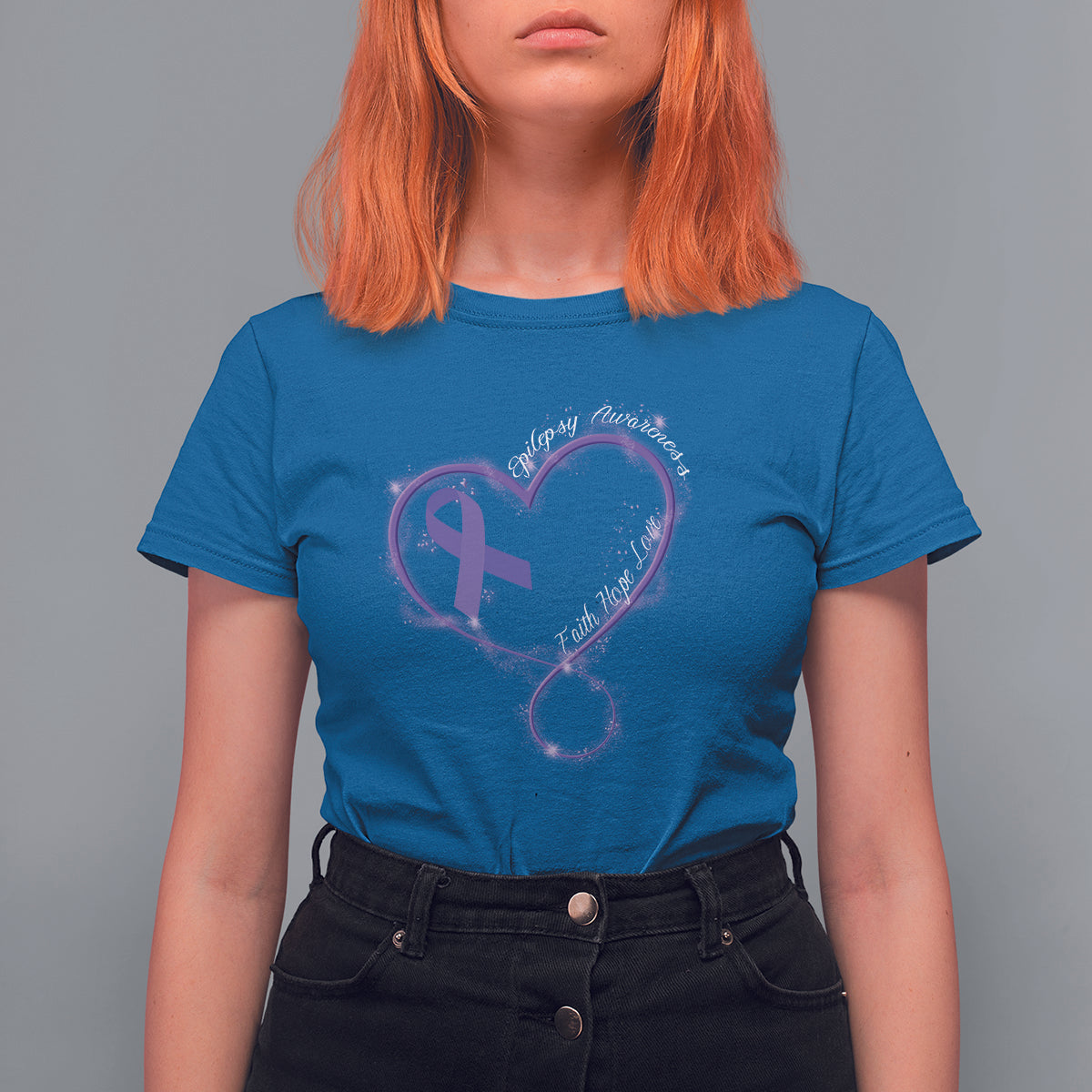 Women's epilepsy awareness T-shirt, royal blue, purple heart ribbon graphic