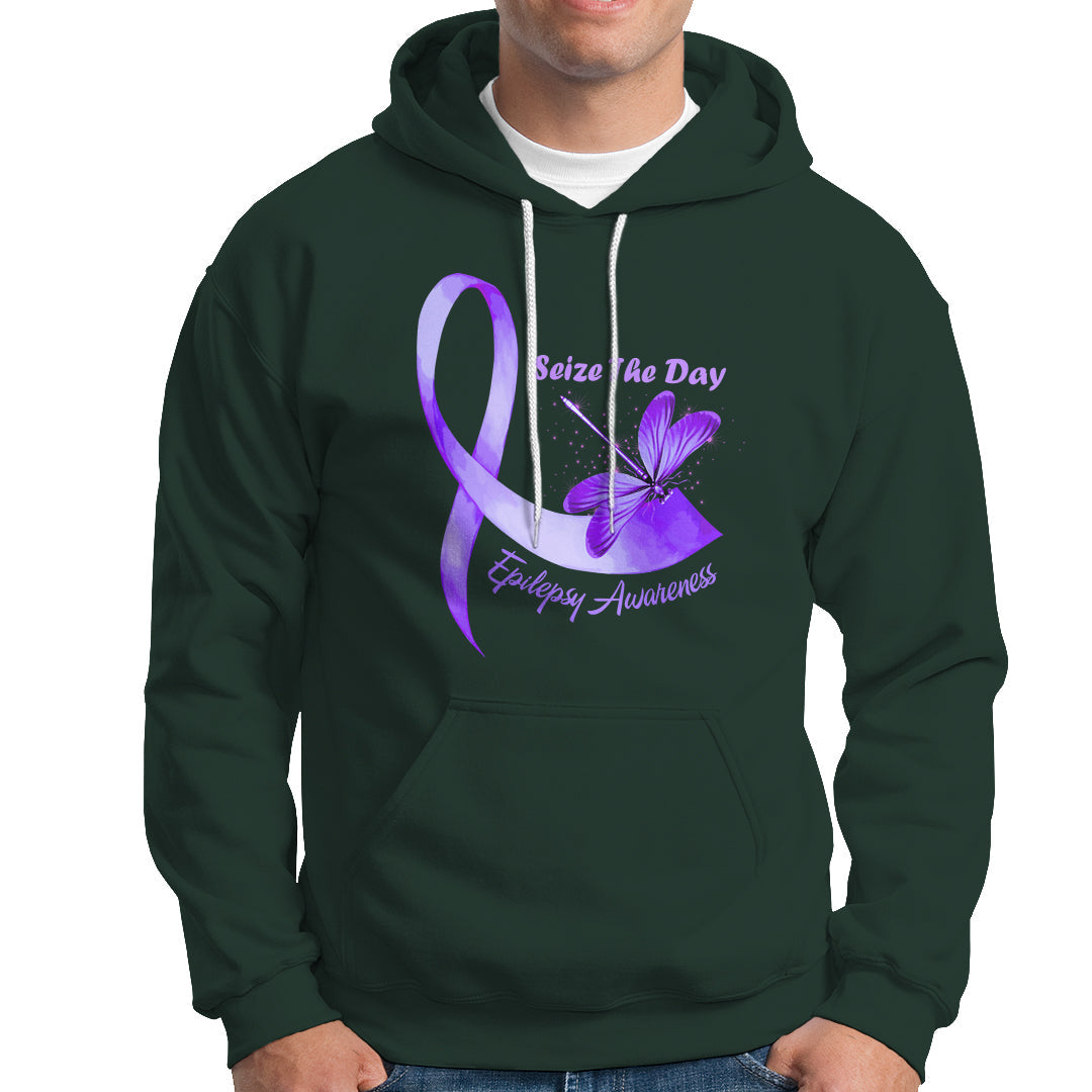 Epilepsy Awareness Day Hoodie Seize The Dad with Purple Ribbon and Dragonfly - Wonder Print Shop