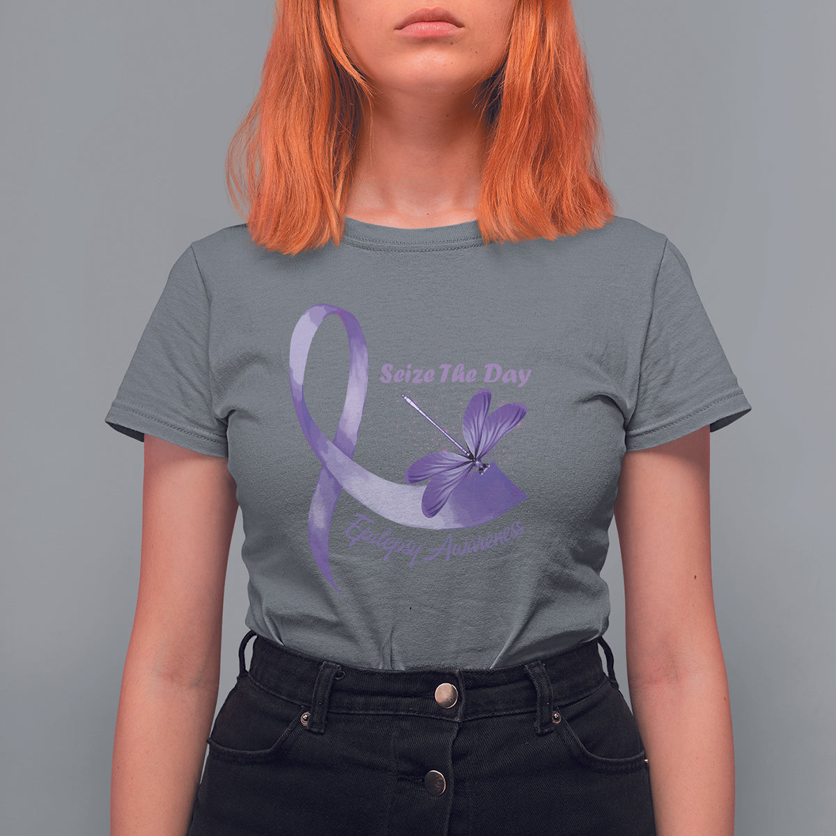 Women’s charcoal T-shirt with purple awareness ribbon and dragonfly graphic