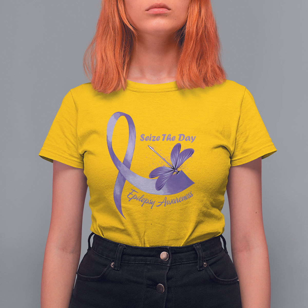 Women’s yellow T-shirt with purple awareness ribbon and dragonfly graphic