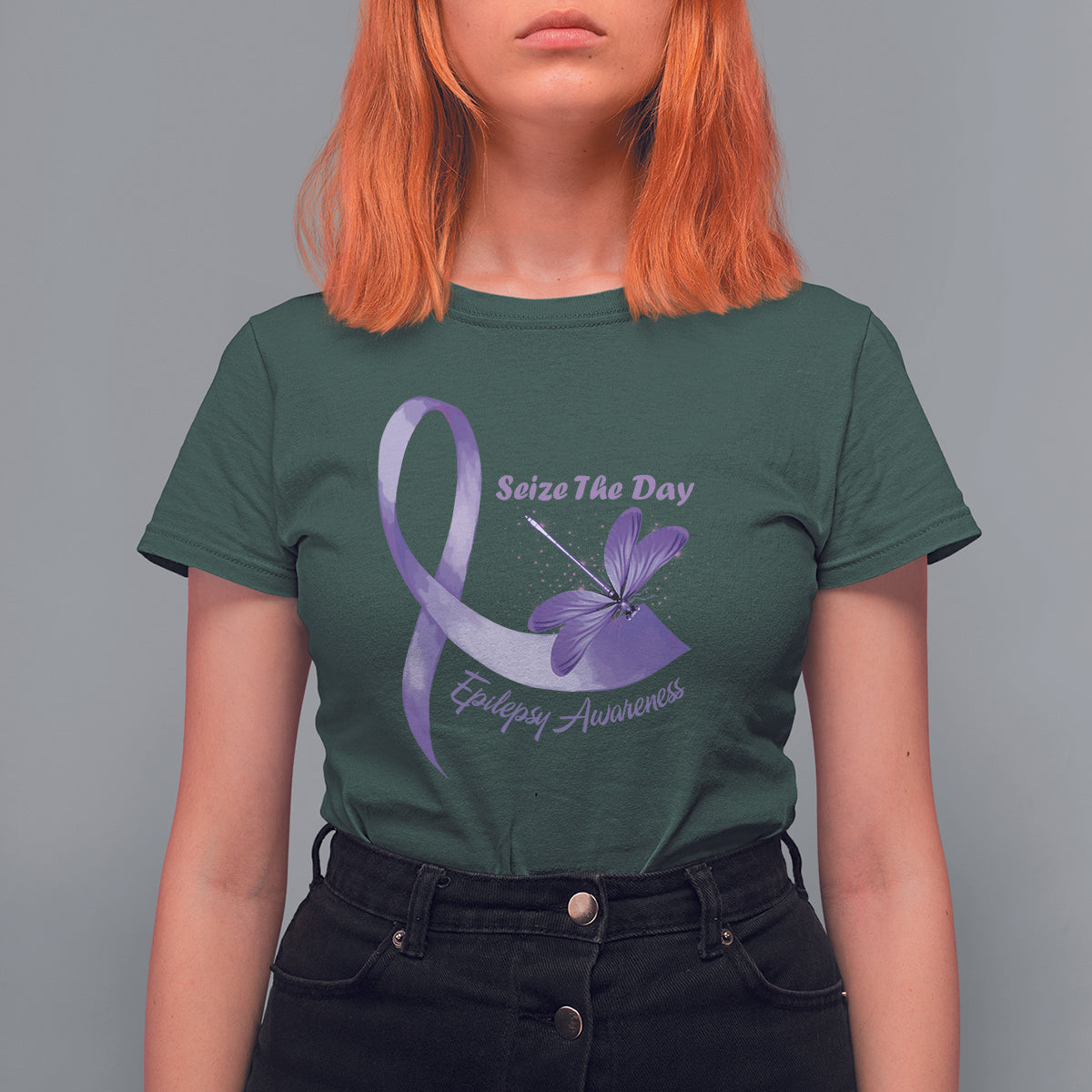Women’s dark green T-shirt with purple awareness ribbon and dragonfly graphic