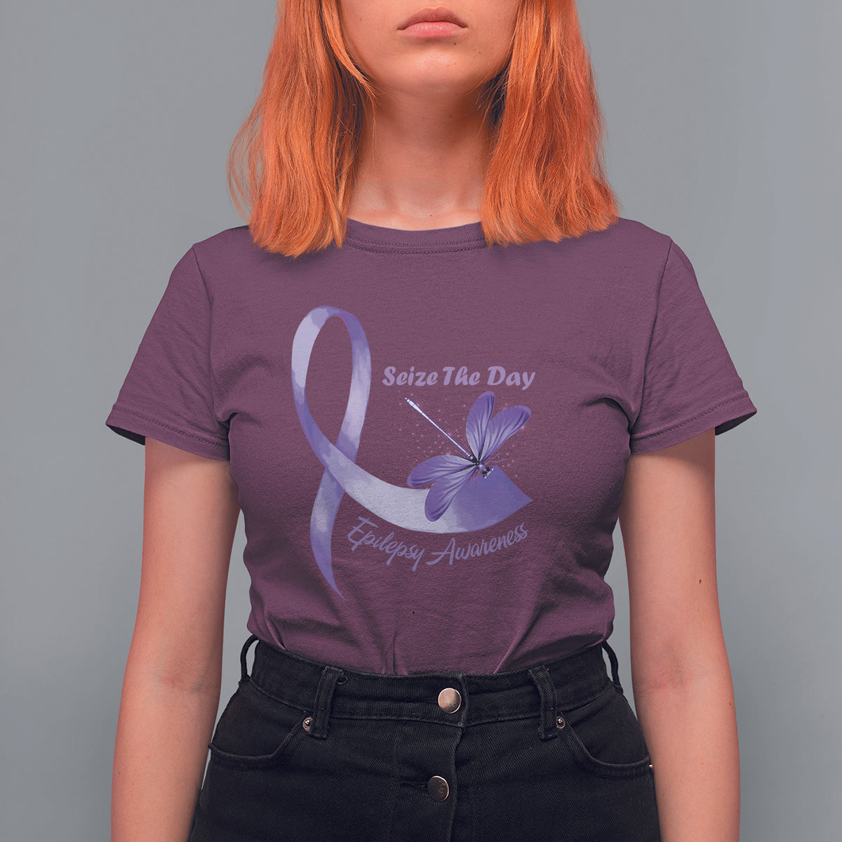 Women’s maroon T-shirt with purple awareness ribbon and dragonfly graphic