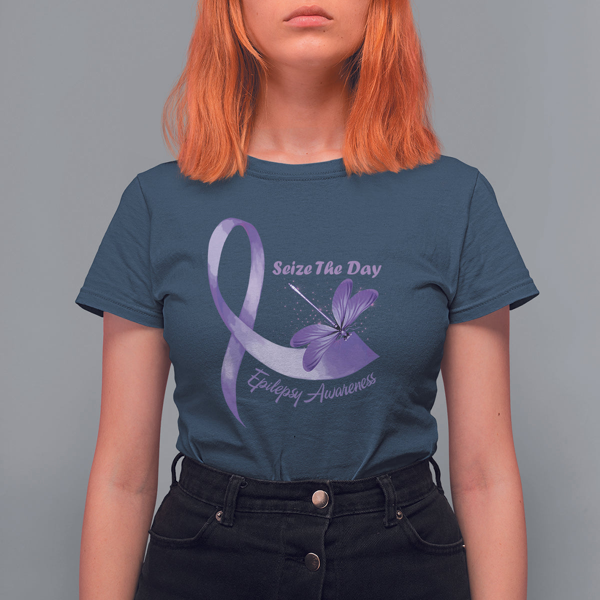 Women’s navy T-shirt with purple awareness ribbon and dragonfly graphic