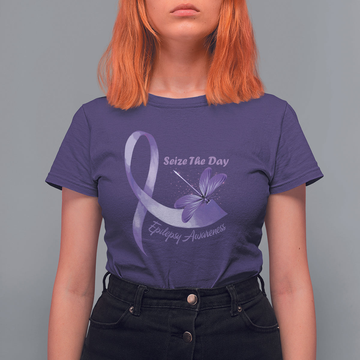 Women’s purple T-shirt with purple awareness ribbon and dragonfly graphic