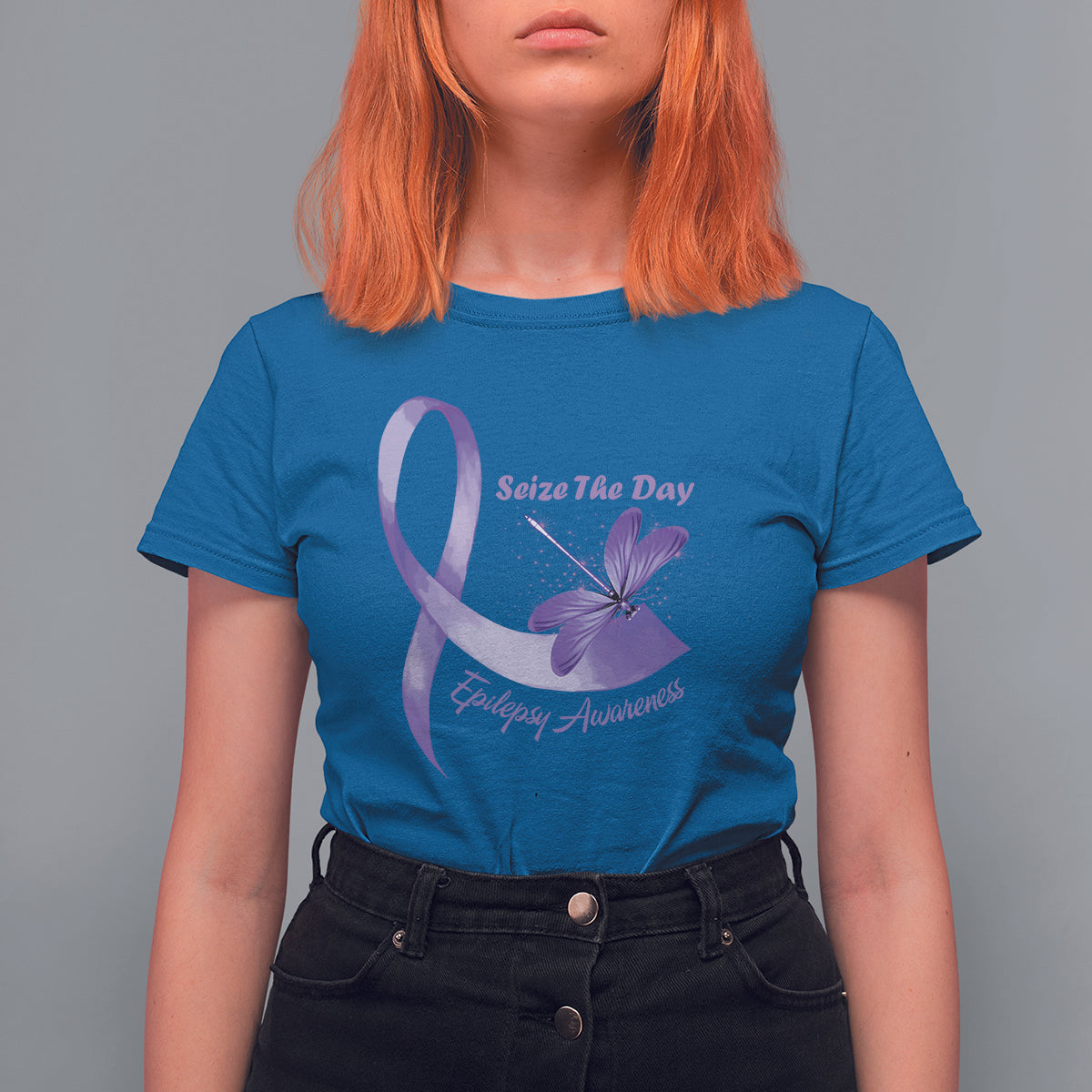Women’s royal blue T-shirt with purple awareness ribbon and dragonfly graphic