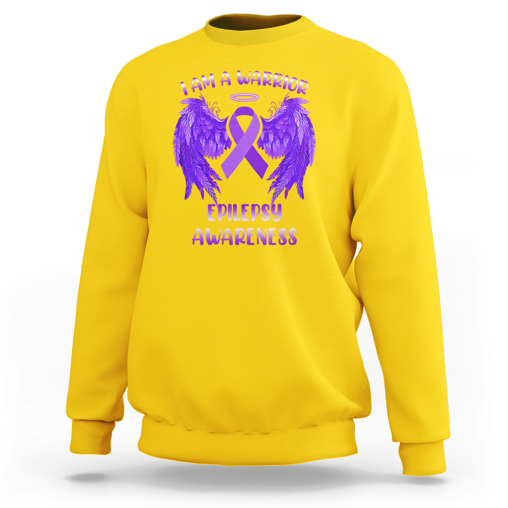 Epilepsy Awareness Sweatshirt I Am A Warrior Purple Ribbon With Wings - Wonder Print Shop