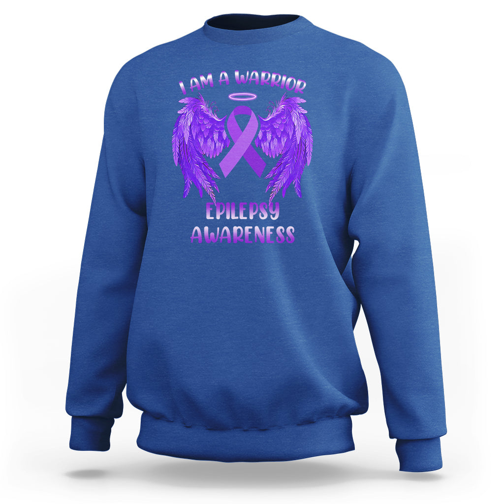 Epilepsy Awareness Sweatshirt I Am A Warrior Purple Ribbon With Wings - Wonder Print Shop