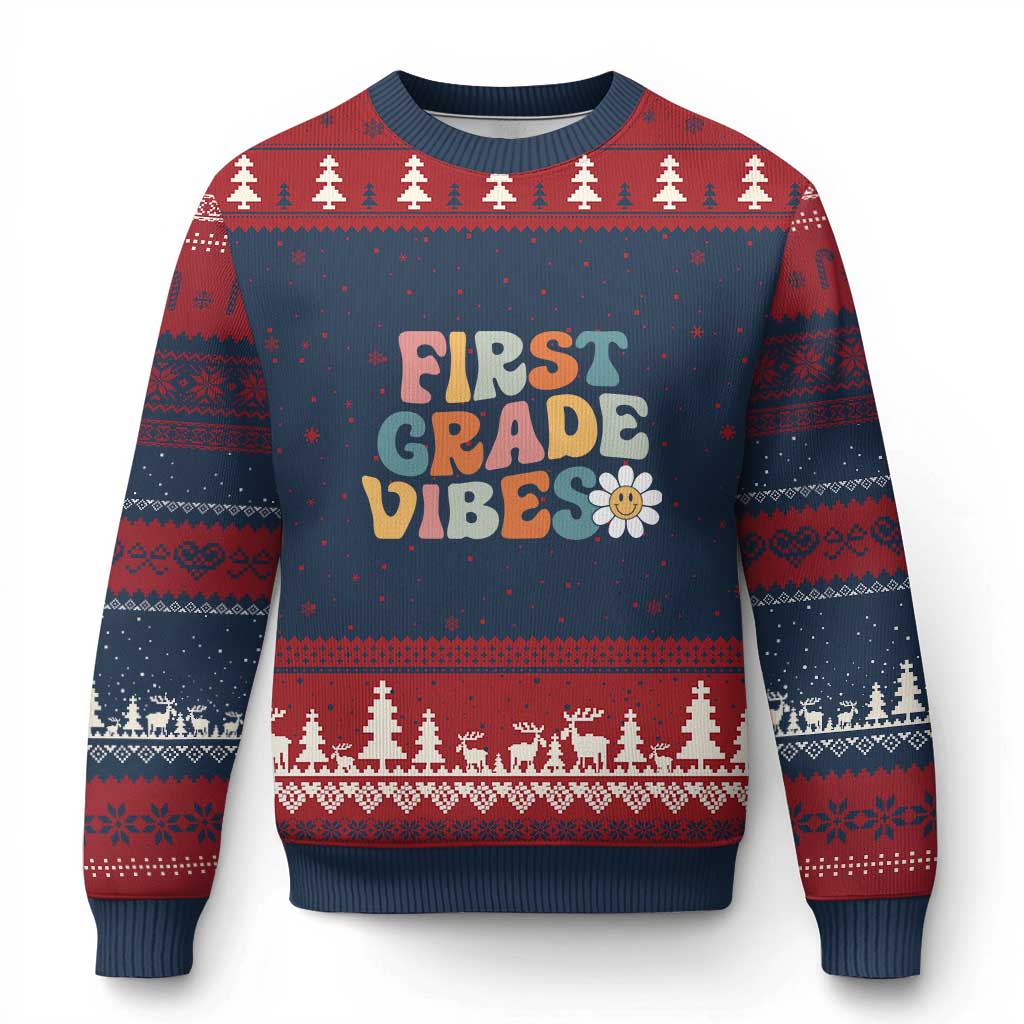 Retro 1st Day of School Ugly Christmas Sweater First Grade Vibes 1st Grade Team