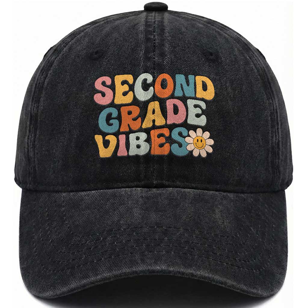 Groovy Retro Second Grade Vibes Washed Cotton Baseball Cap Back to School 2nd Grade Team