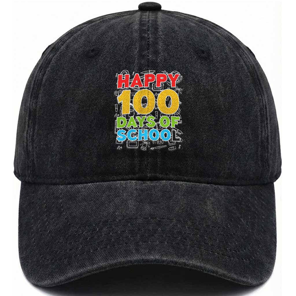 Happy 100 Days of School Washed Cotton Baseball Cap Cute Celebration Gift for Teachers and Kids