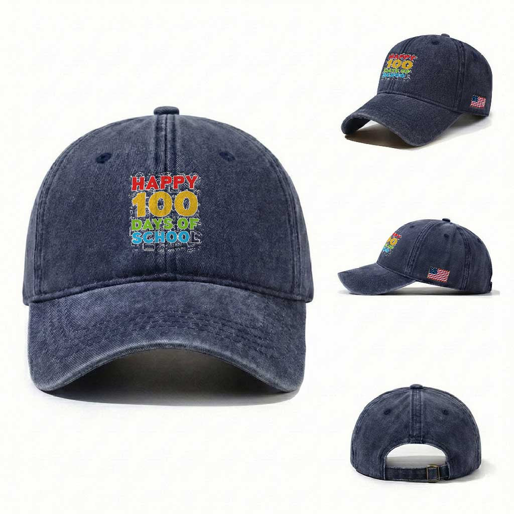 Happy 100 Days of School Washed Cotton Baseball Cap Cute Celebration Gift for Teachers and Kids