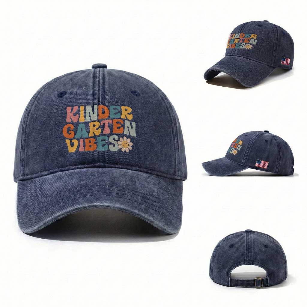 Retro Kindergarten Vibes Washed Cotton Baseball Cap Cute Kinder Crew First Day of School