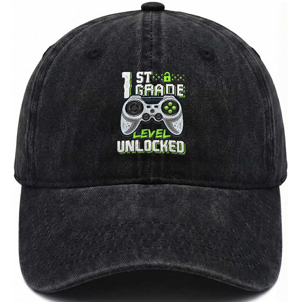 Leveling Up To School Funny Gamer Boys Washed Cotton Baseball Cap First Day Back to School Gift