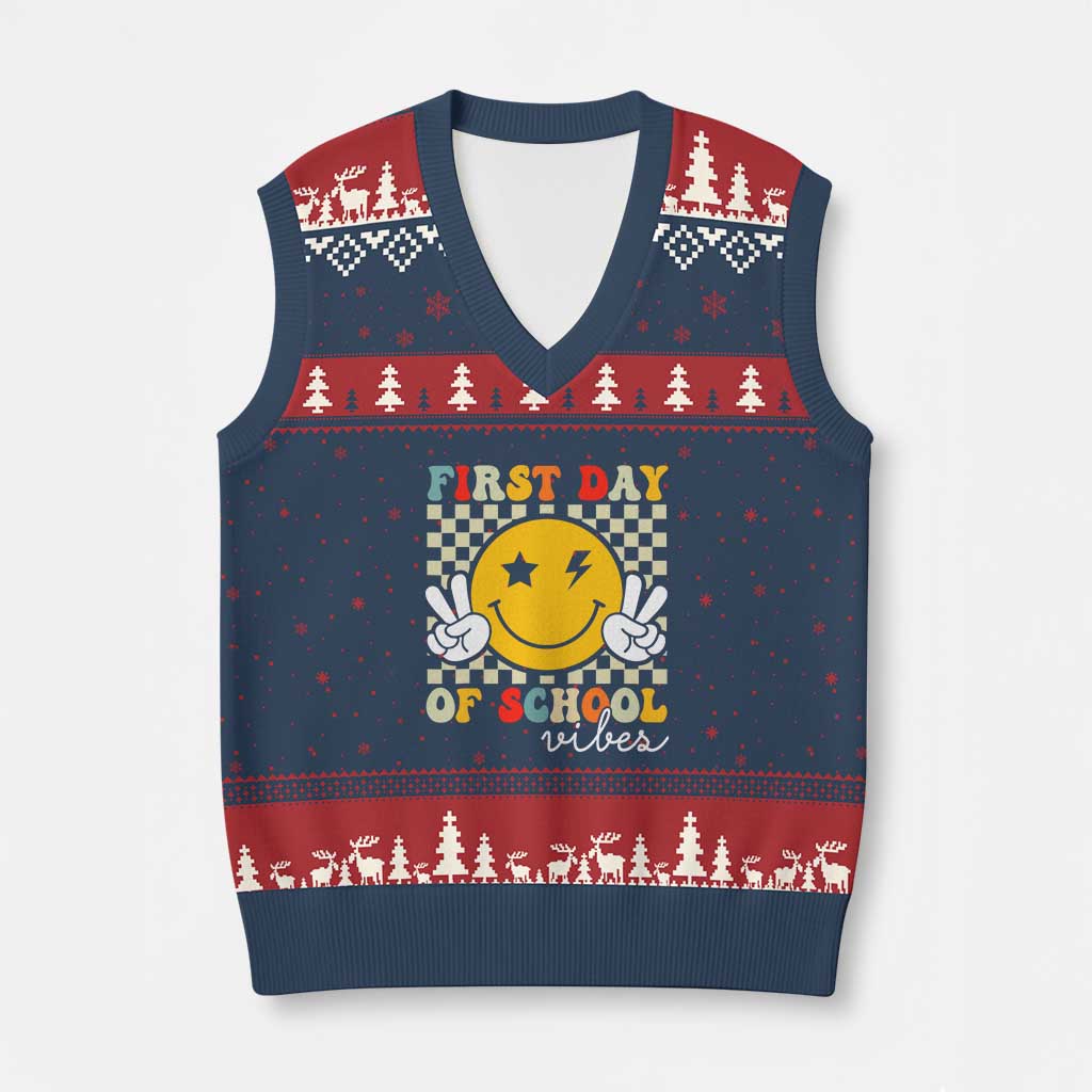 First Day of School Vibes V-Neck Knit Sweater Vest Aesthetic Back to School Teacher Student