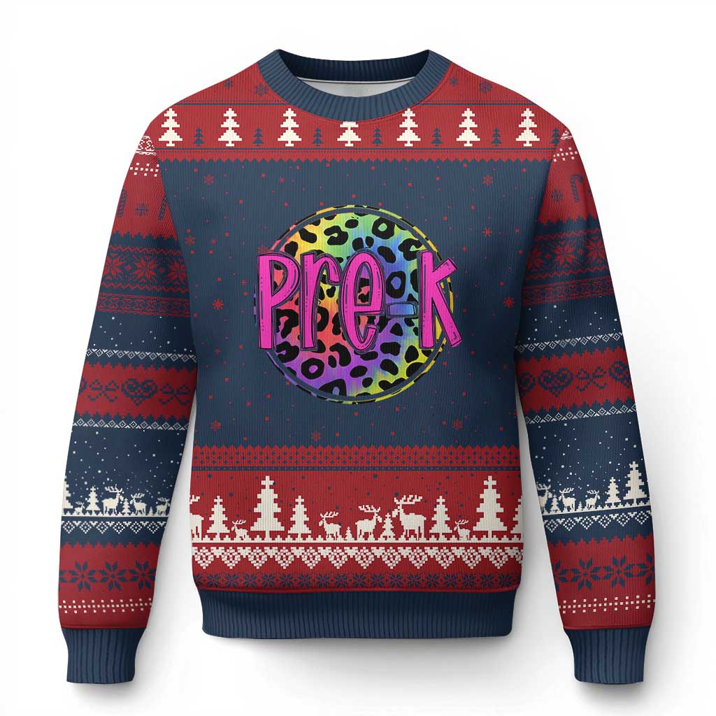 Pre-Kindergarten Neon Leopard Effect Printing Ugly Christmas Sweater Wild About PreK Teacher Student Gift