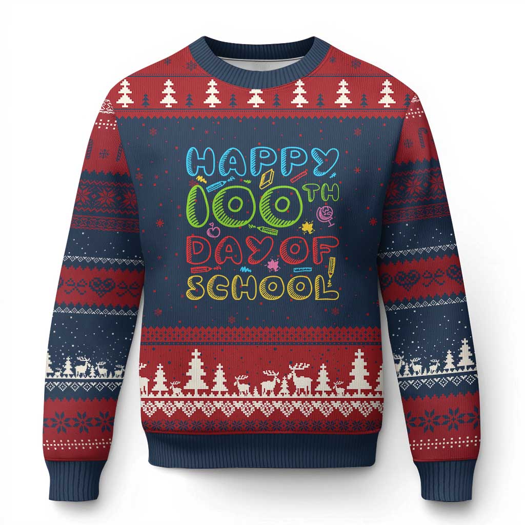 Happy 100 Days of School Ugly Christmas Sweater 100th Day Funny Milestone Celebration