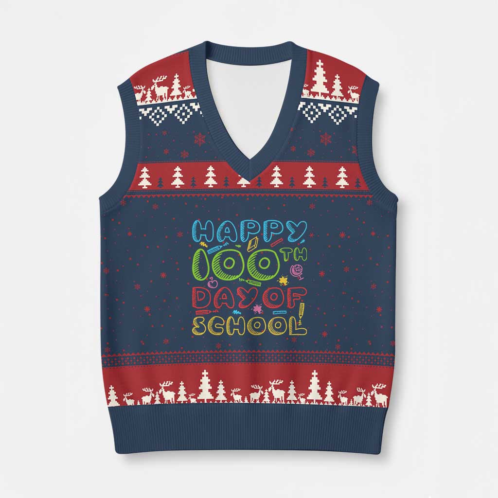 Happy 100 Days of School V-Neck Knit Sweater Vest 100th Day Funny Milestone Celebration
