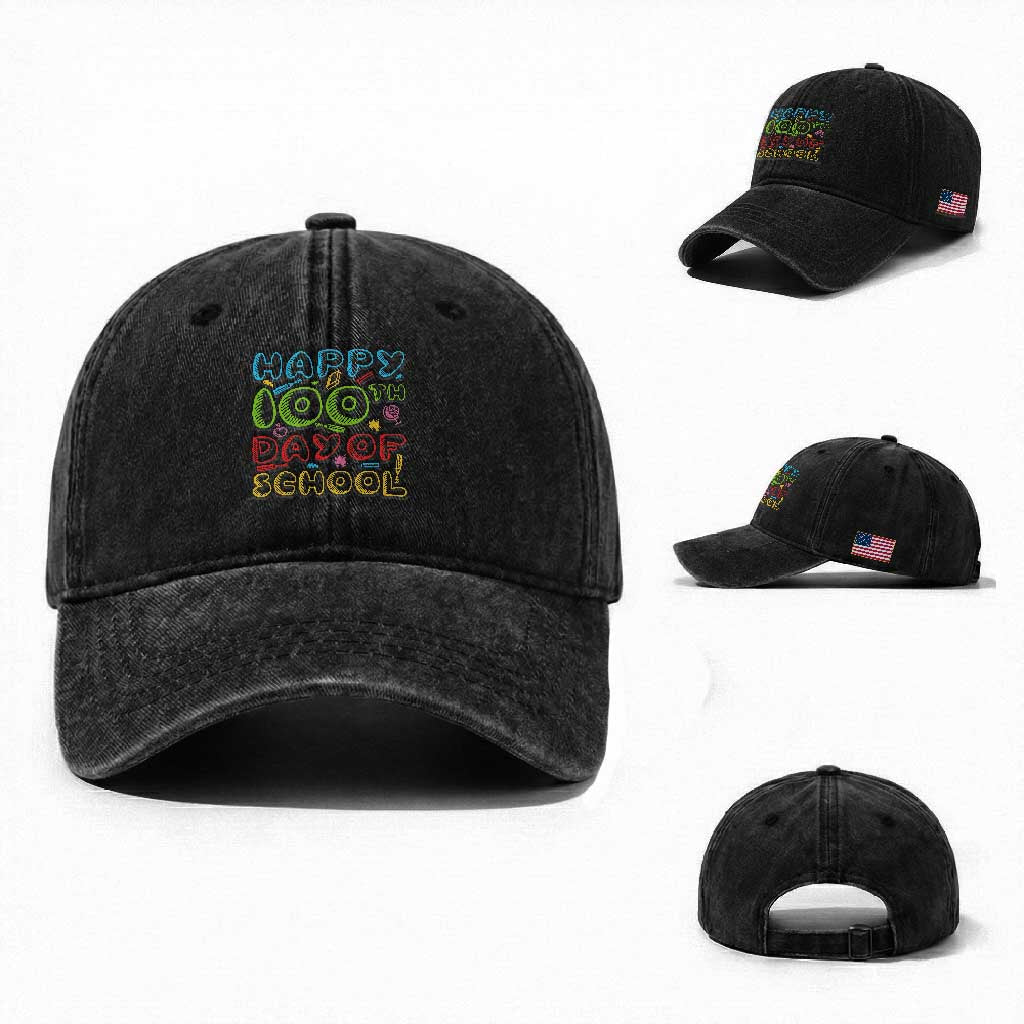 Happy 100 Days of School Washed Cotton Baseball Cap 100th Day Funny Milestone Celebration