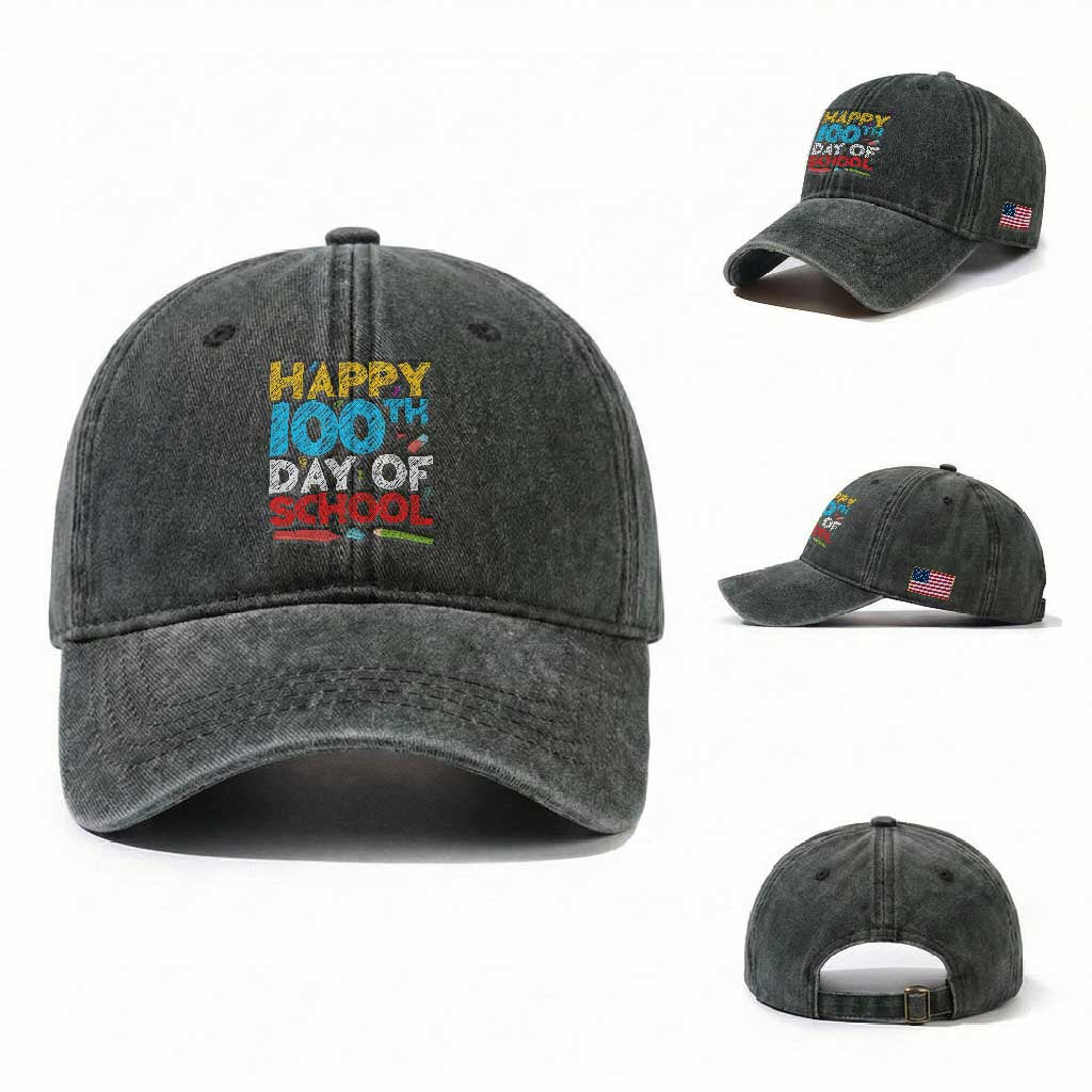 100 Days of School Celebration Washed Cotton Baseball Cap Happy 100th Day Student Teacher Gift
