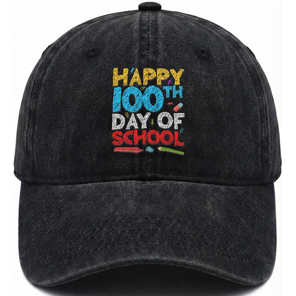 100 Days of School Celebration Washed Cotton Baseball Cap Happy 100th Day Student Teacher Gift