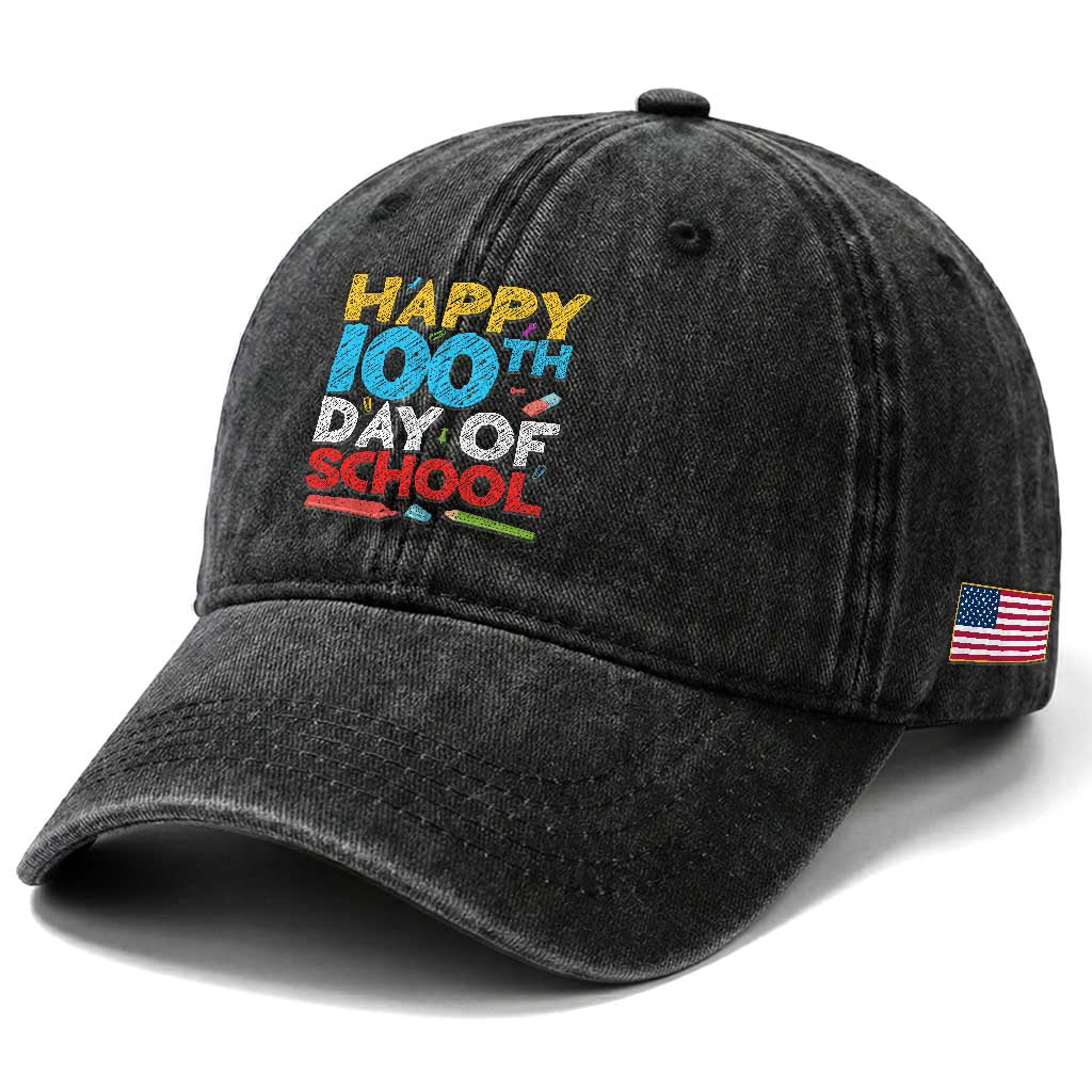 100 Days of School Celebration Washed Cotton Baseball Cap Happy 100th Day Student Teacher Gift
