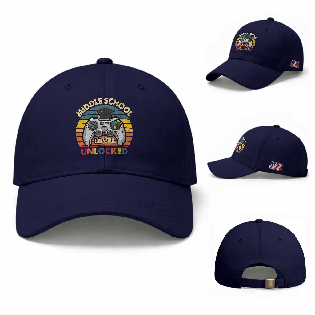 Middle School Level Unlocked Baseball Cap Funny Gamer First Day of Middle School