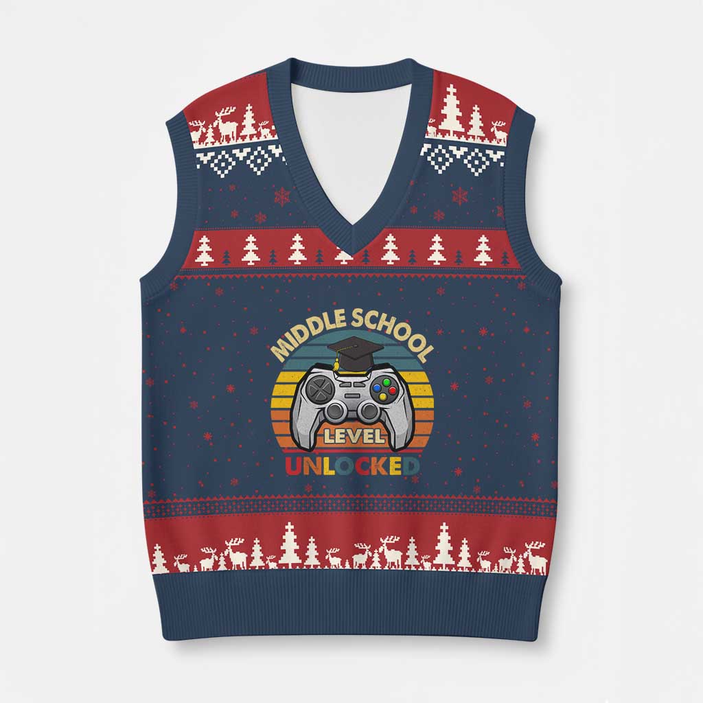 Middle School Level Unlocked V-Neck Knit Sweater Vest Funny Gamer First Day of Middle School