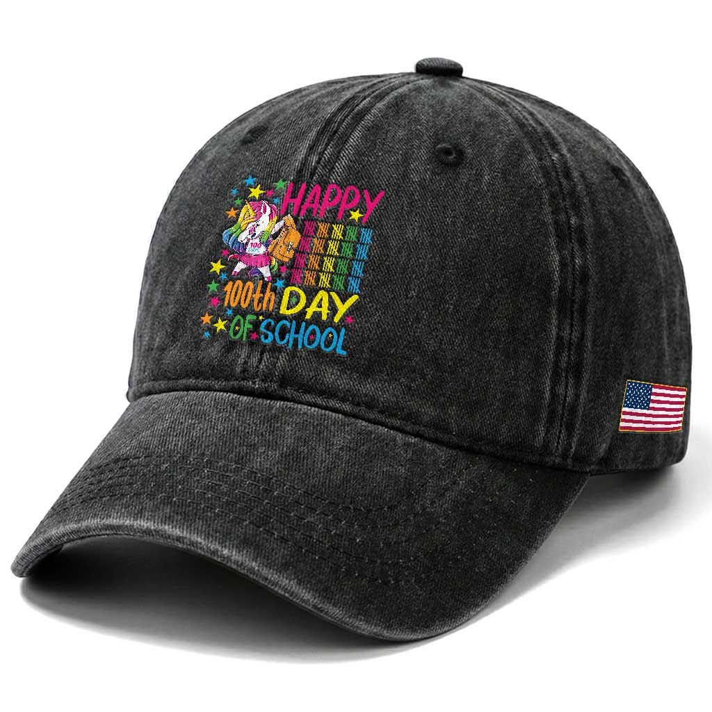 Happy 100th Day of School Unicorn Washed Cotton Baseball Cap Magical Girls Celebration Gift