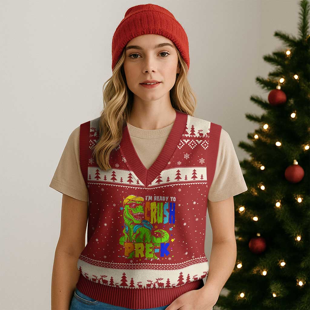 I am Ready To Crush Pre-K Dinosaur V-Neck Knit Sweater Vest Cool First Day of School Boy