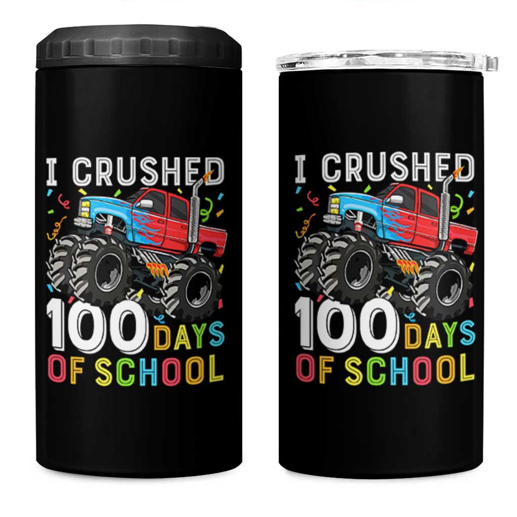 100 Days of School Monster Truck 4 in 1 Can Cooler Tumbler Boys Crushing 100th Day Milestone