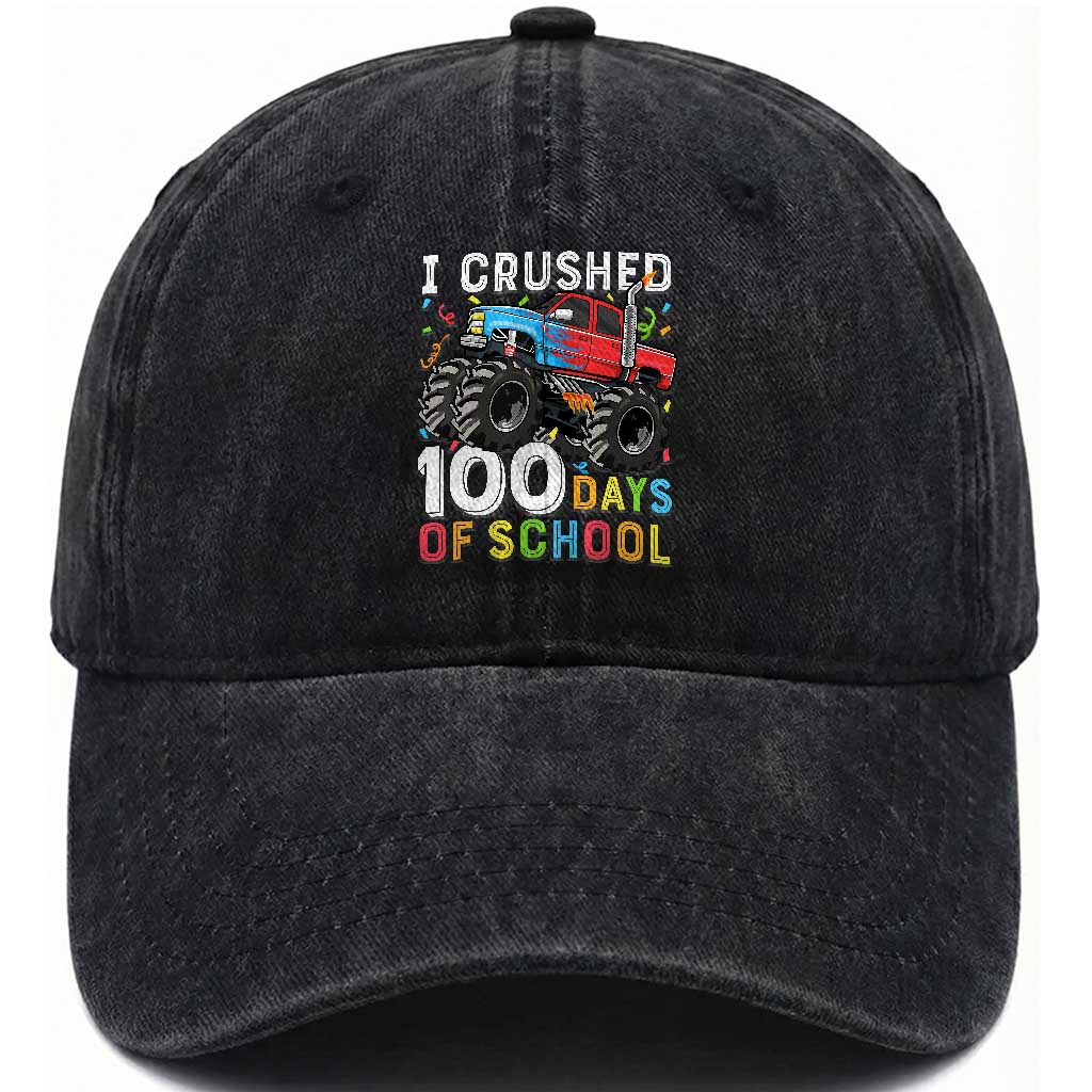 100 Days of School Monster Truck Washed Cotton Baseball Cap Boys Crushing 100th Day Milestone