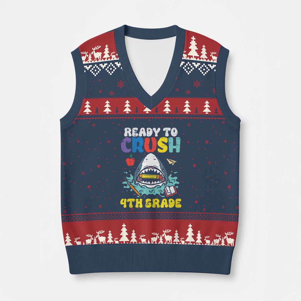 Shark Ready To Crush 4th Grade V-Neck Knit Sweater Vest Cool Boys First Day of School Gift